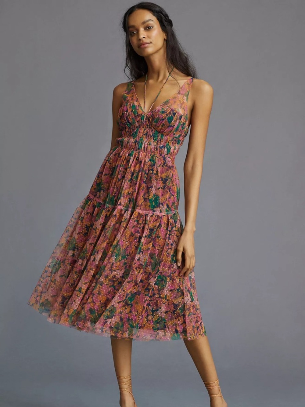 Anthropologie Sheer Illusion Sweetheart Dress Floral Mesh Tier Midi Rose Garden